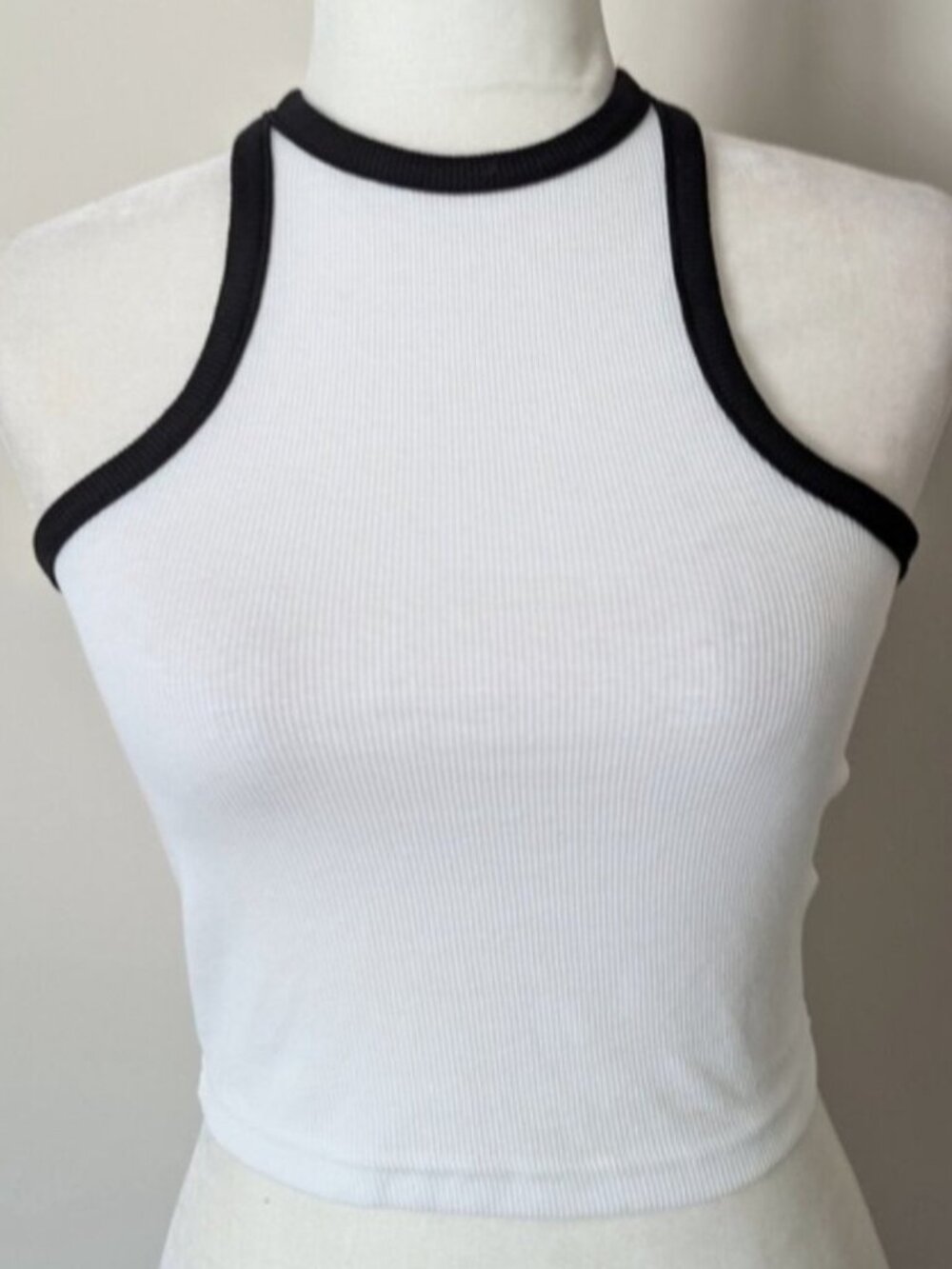 Black and White Ribbed Contrast Crop Tank Top